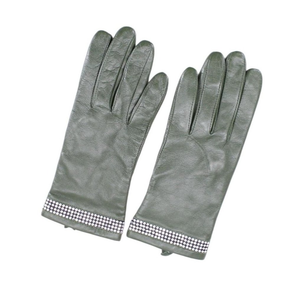 Lauer Olive Army Green Soft Leather Lined Rhinestone Glam Dress Gloves
